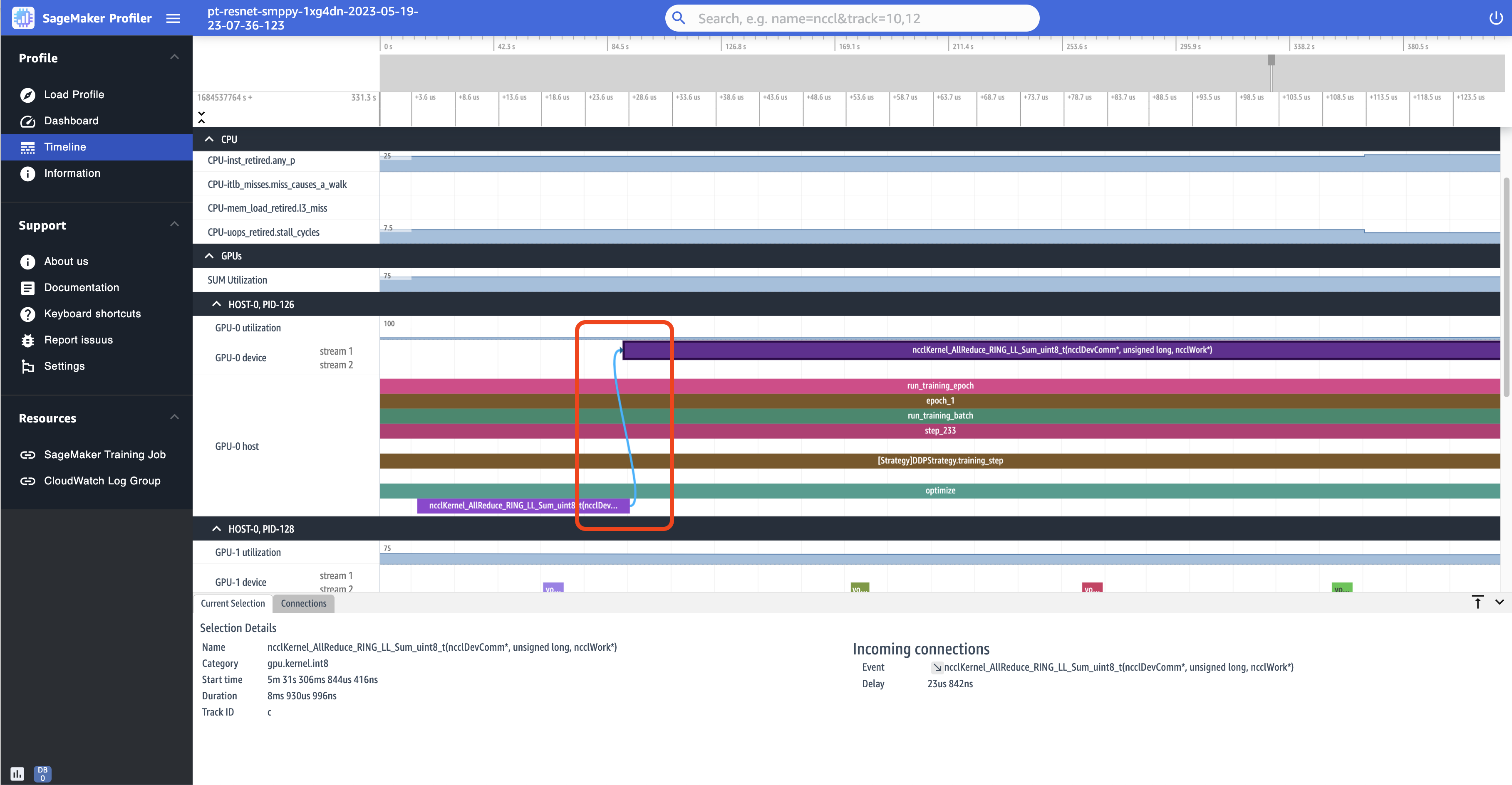 Ein Screenshot der Timeline-Seite in der SageMaker Profiler-Benutzeroberfläche