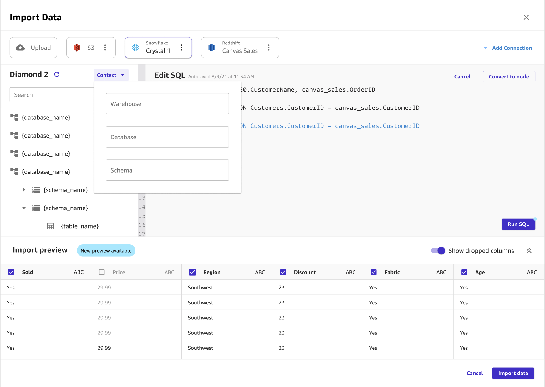 Screenshot der Importseite in Canvas, die das Kontext-Dialogfeld zeigt.