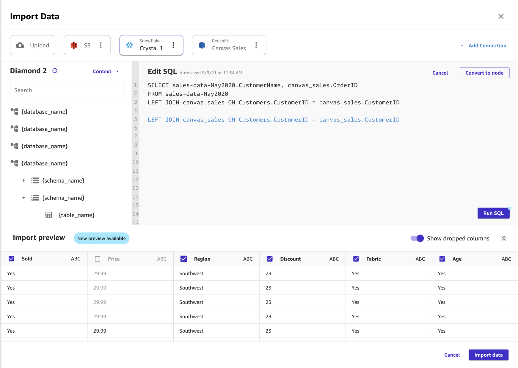 Screenshot einer SQL Abfrage im SQLBearbeitungseditor auf der Importseite in Canvas.