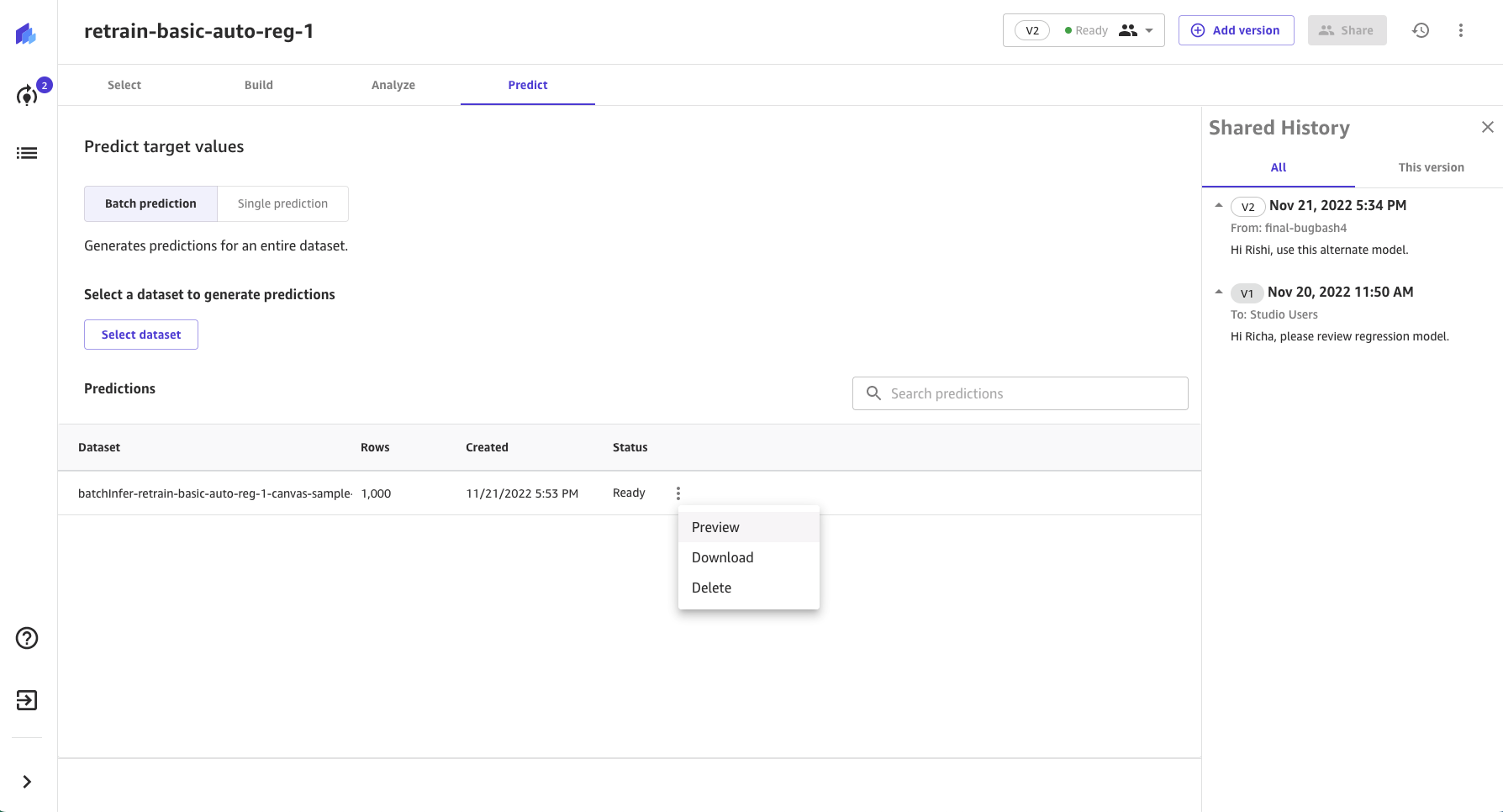 Die Registerkarte Predict in der SageMaker Canvas-Anwendung für ein gemeinsam genutztes Modell.