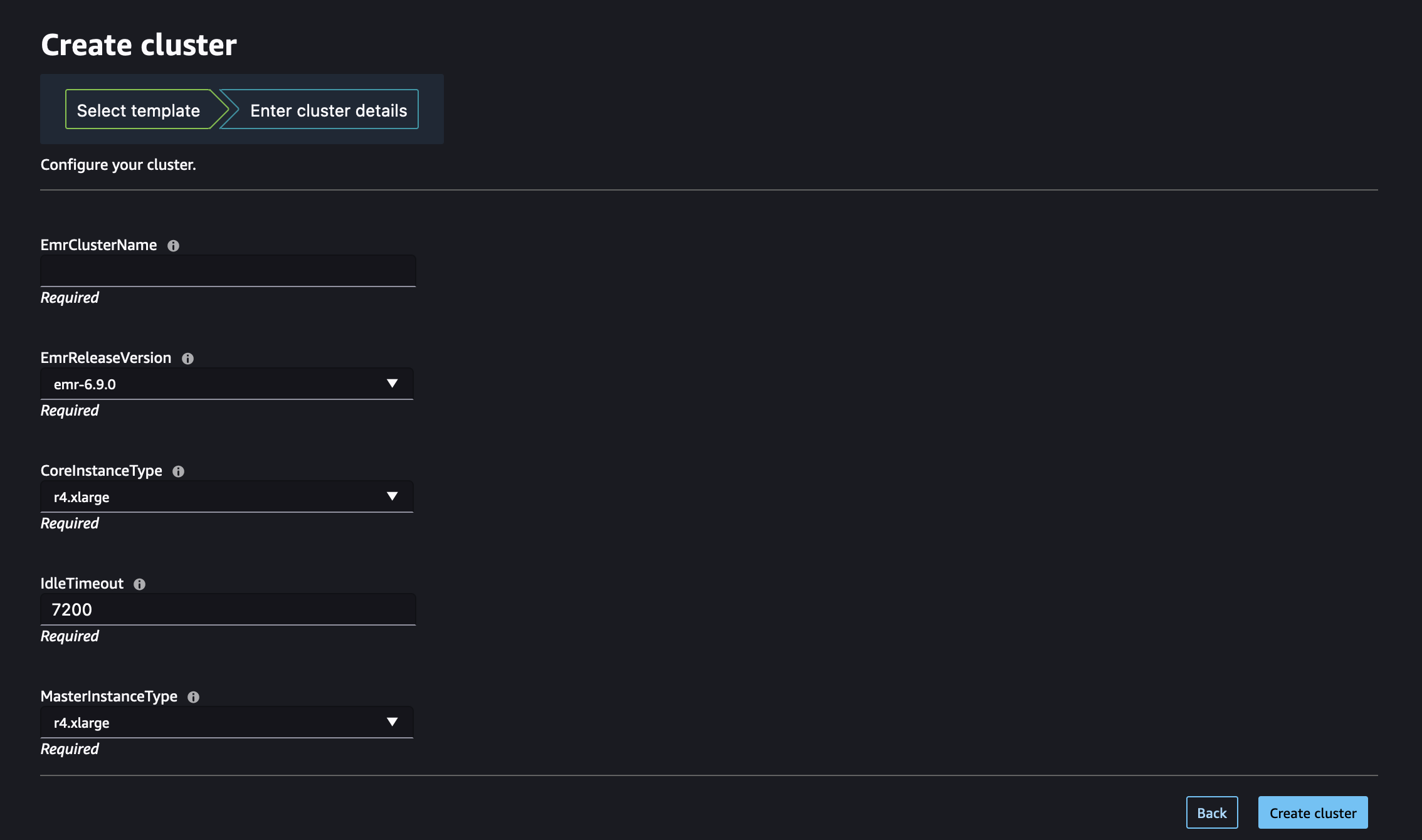 Abbildung eines dynamischen Formulars, das aus einer CloudFormation EMR Amazon-Vorlage zusammengestellt wurde, um einen EMR Amazon-Cluster aus Studio oder Studio Classic zu erstellen.