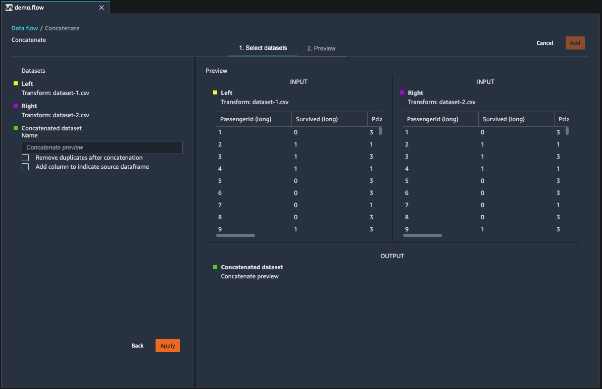 Beispiel für verkettete Datensatztabellen im Datenflussbereich der Data Wrangler-Konsole.