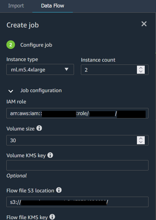 Beispiel für eine Auftragsseite zur Konfiguration des Datenflusses in der Data Wrangler-Konsole.