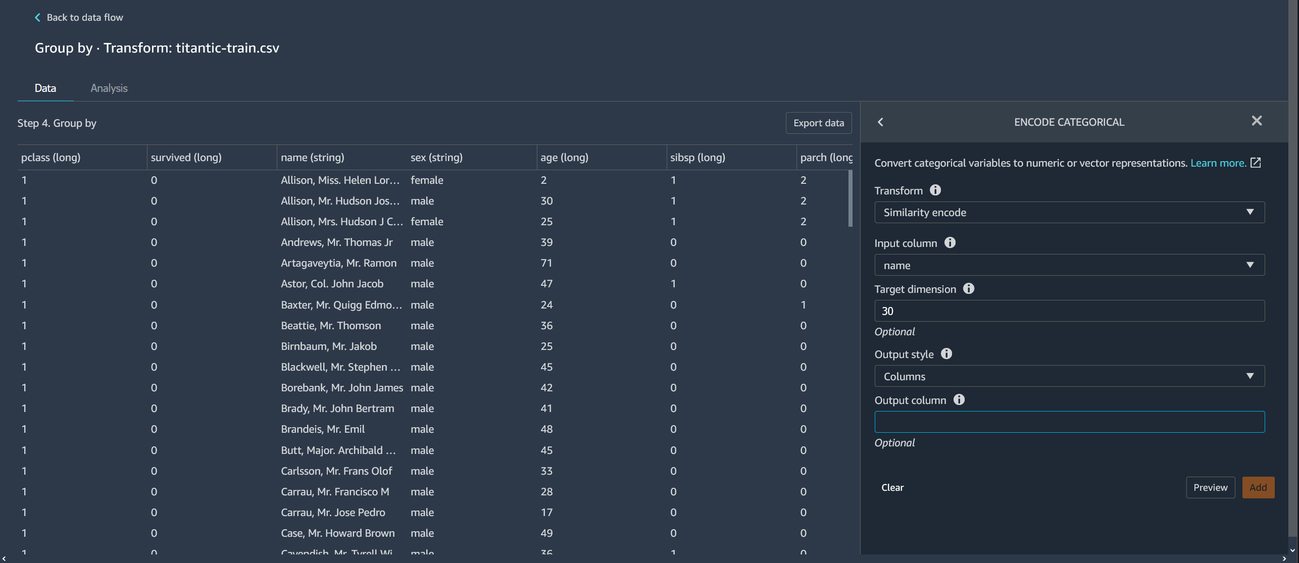 Beispiel für die Verwendung von ENCODE CATEGORICAL für eine Tabelle in der Data Wrangler-Konsole.