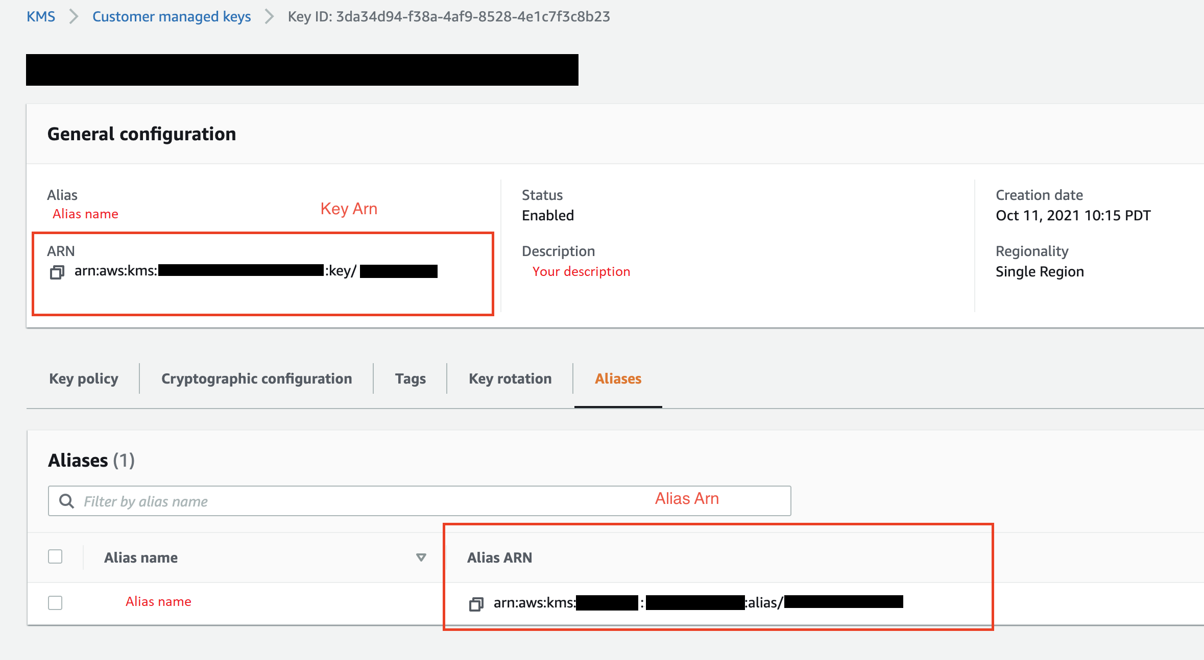 Der Speicherort des AWS KMS AliasARN, des Aliasnamens und des Schlüssels ARN in der AWS KMS Konsole.