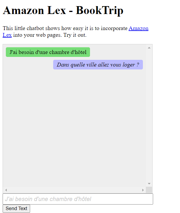 Chatbot interface demonstrating Amazon Lex integration with French language support.