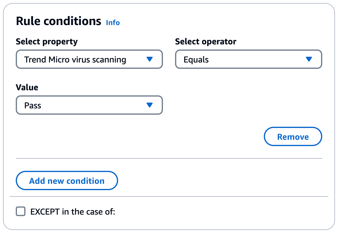 Verwenden Sie das Trend Micro Virus Scanning Add-On in einer Regelbedingung, um eine Regelaktion für E-Mails zu bestimmen, die den Virenscan bestehen.