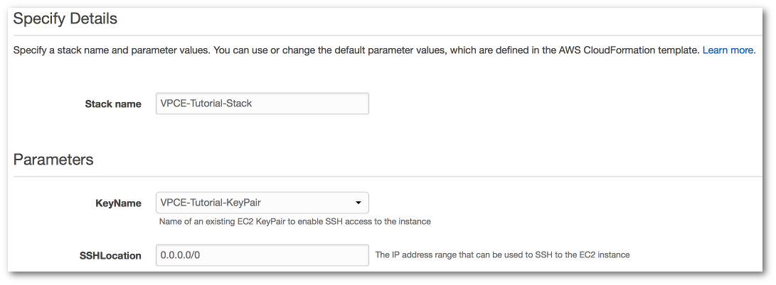 Die Seite „Details angeben“ mit ausgefüllten Wertefeldern für Stackname KeyName, und SSHLocation.