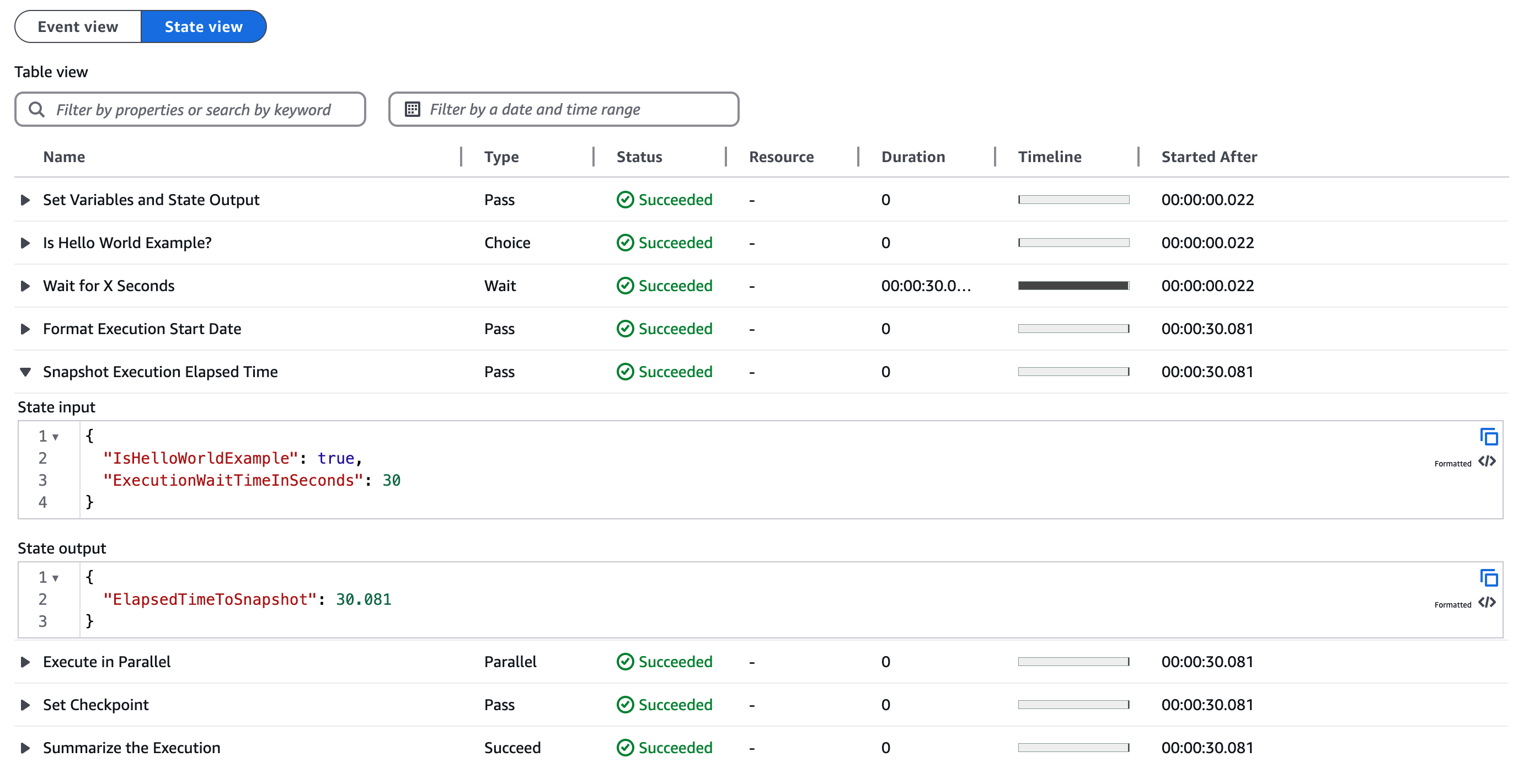 Statusansicht von Ausführung 001