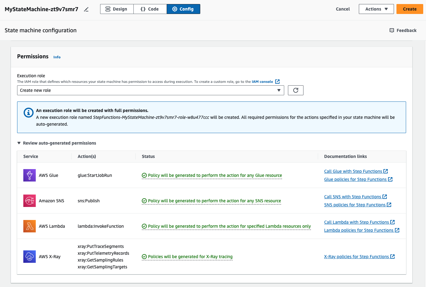 Illustrativer Screenshot der Registerkarte „Config“ mit Vorschau der automatisch generierten Berechtigungen.