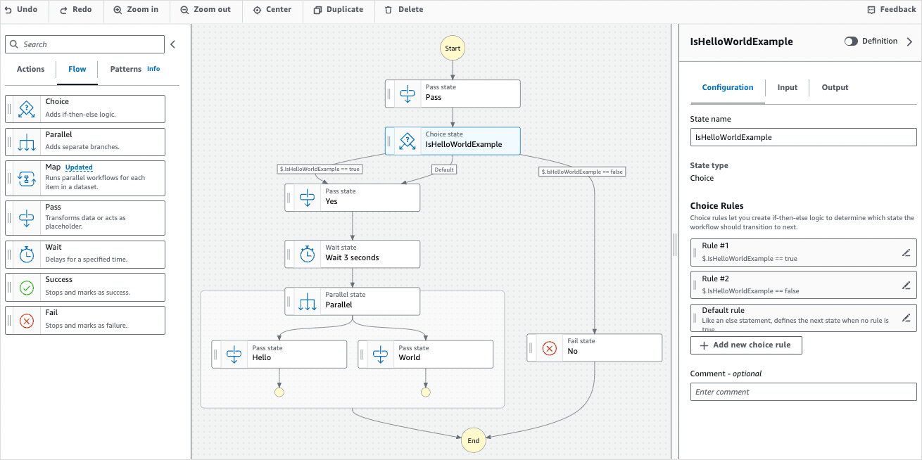 Screenshot des IsHelloWorldExample State Machine-Workflows.