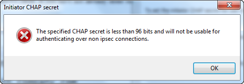 Dialogfeld „CHAPGeheimer Initiator“ mit einer Warnmeldung, dass der geheime Schlüssel weniger als sechsundneunzig Bit lang ist.