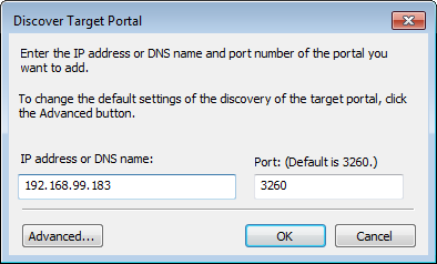 Dialogfeld „Zielportal entdecken“, in dem Felder für IP-Adresse oder DNS Name und Port angezeigt werden.