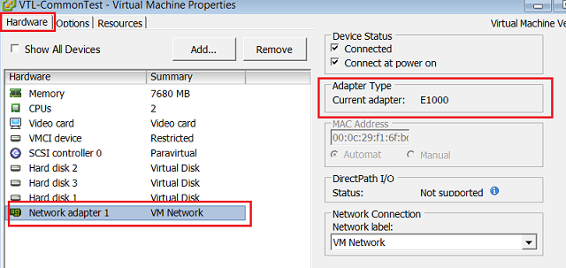 VMwareHardware-Registerkarte „Eigenschaften der virtuellen Maschine“ mit ausgewähltem E1000-Adapter.