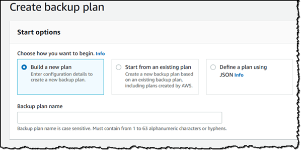 AWS Backup-Konsole Seite „Backup-Plan erstellen“ mit ausgewählter Option „Neuen Plan erstellen“.