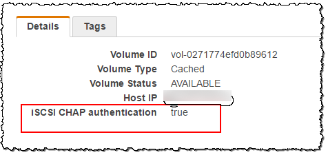 Registerkarte mit Speichergateway-Volume-Details, wobei die SCSI CHAP i-Authentifizierung den Wert true anzeigt.