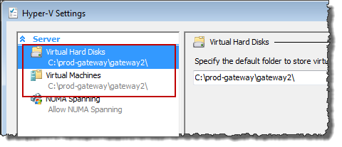 Fenster: Hyper-V-Einstellungen mit ausgewählten Standardspeicherorten für virtuelle Festplatten und virtuelle Maschinen.