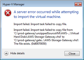 Fehlermeldungsfenster: Fehler beim Hyper-V-Manager-Import.