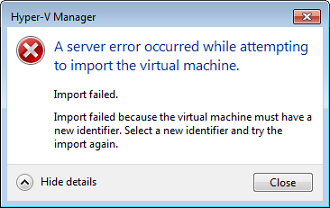 Fehlermeldungsfenster: Fehler beim Hyper-V-Manager-Import.