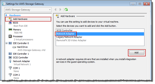 Bildschirm mit VM-Einstellungen von Microsoft Hyper-V, auf dem die die Optionen „Hardware hinzufügen“ und „Netzwerkadapter“ ausgewählt sind.