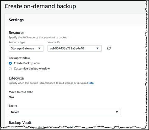 AWS Die Backup-Konsole erstellt eine On-Demand-Backup-Seite mit den Backup-Konfigurationseinstellungen.