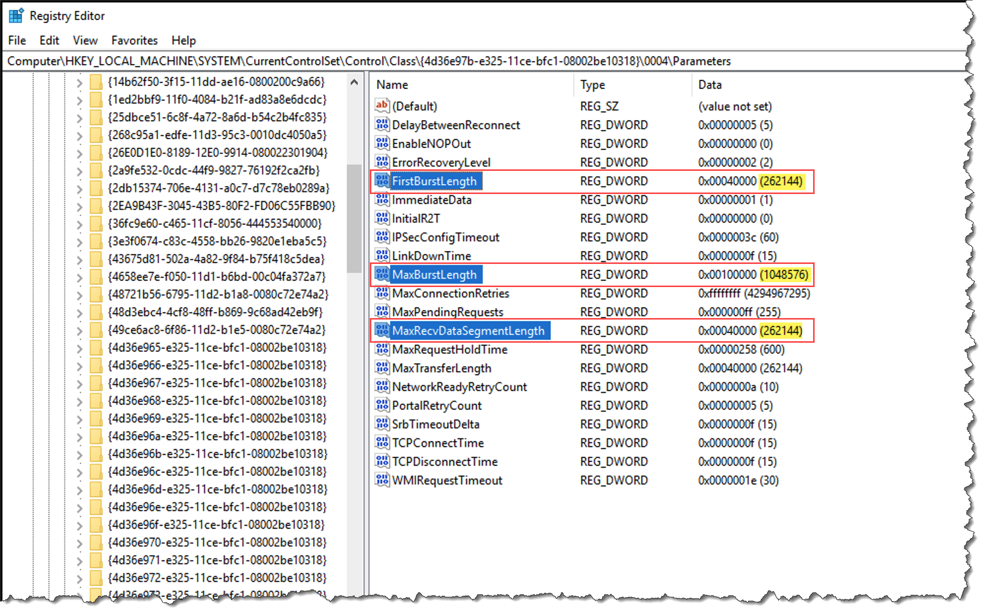 Windows-Registrierungseditor mit hervorgehobenen DWORD-Werten in der SCSI Paketlänge.