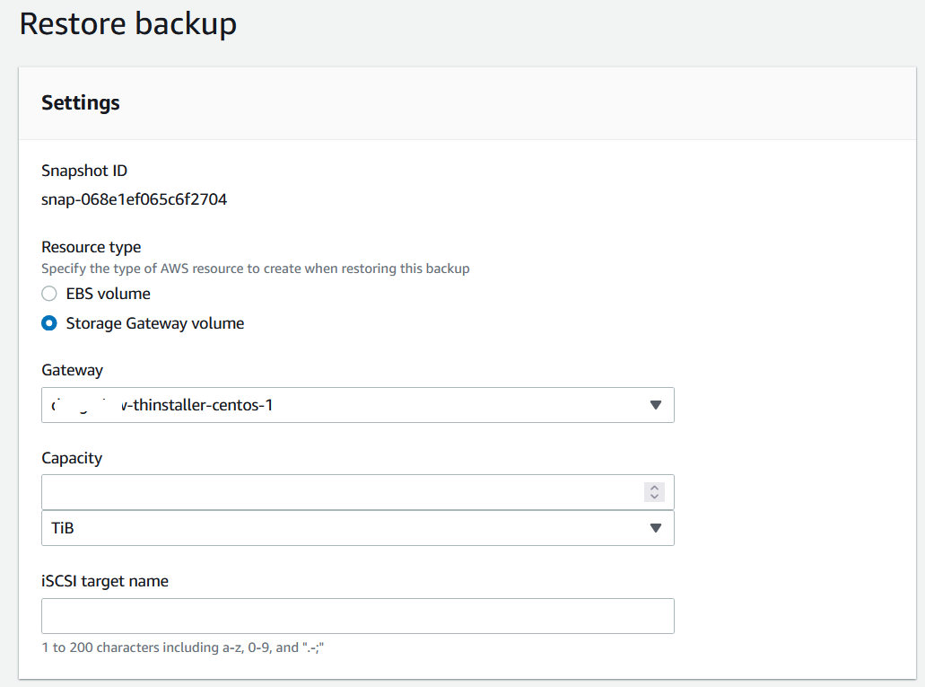 AWS Backup-Konsole Backup-Seite mit ausgewähltem Storage Gateway-Volume-Ressourcentyp.