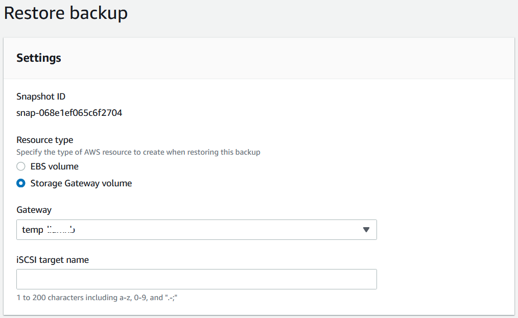 AWS Backup-Konsole Backup-Seite mit ausgewähltem Storage Gateway-Volume-Ressourcentyp.