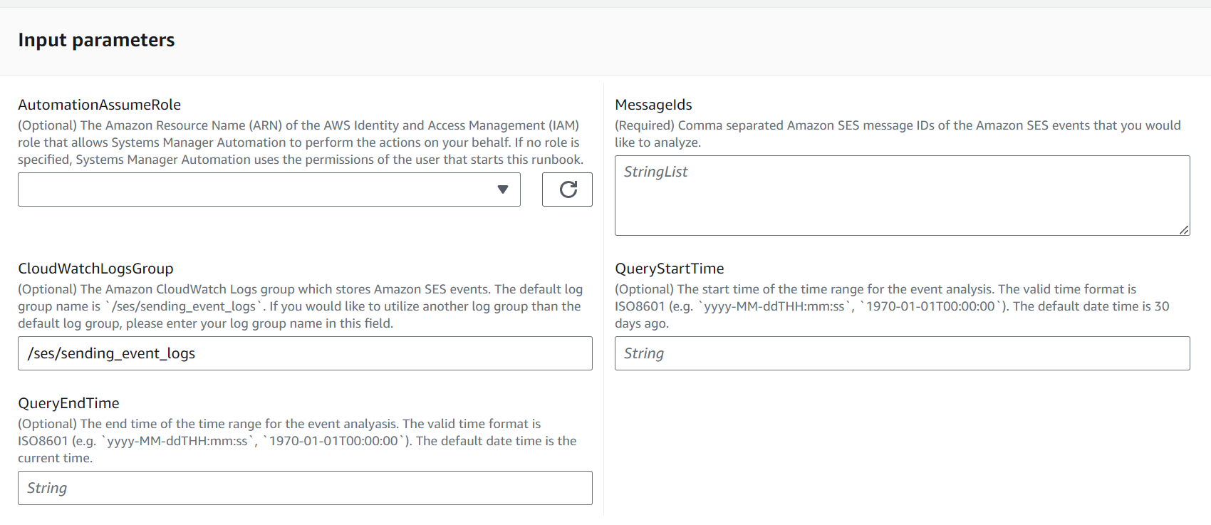 Input parameters form for AWS Systems Manager Automation with fields for role, message IDs, logs, and time range.