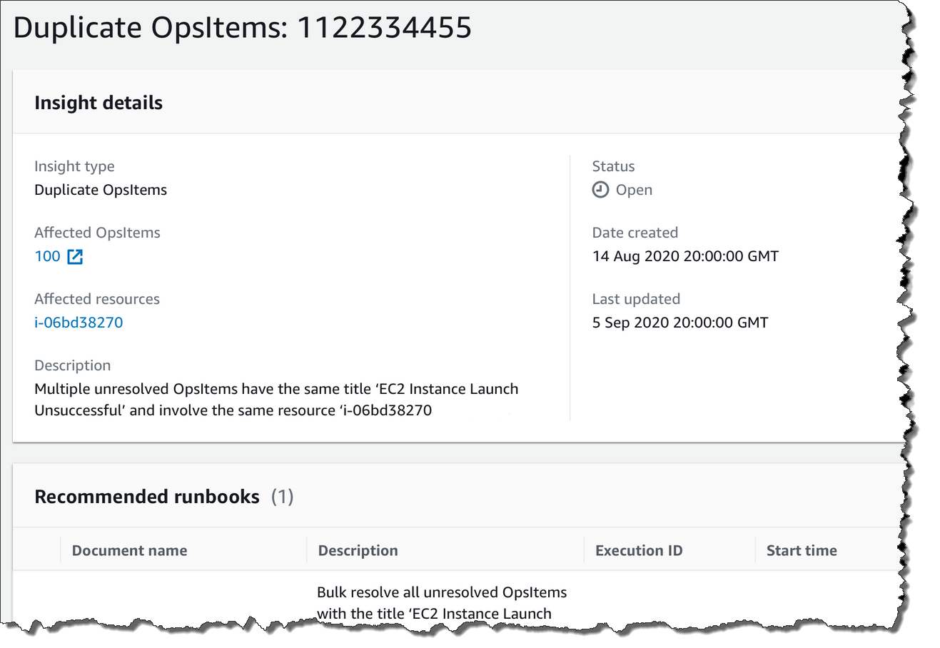 Die Detailansicht eines OpsCenter-Einblicks mit Informationen über OpsItems.