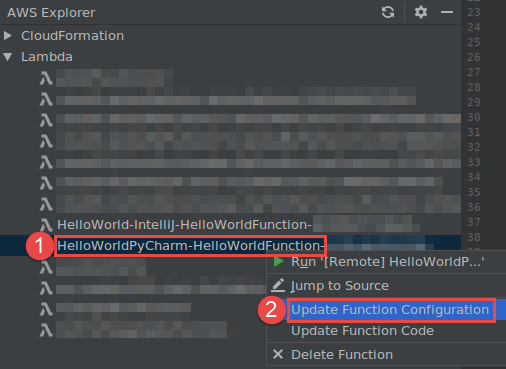Auswählen des Befehls „Update Function Configuration (Funktionskonfiguration aktualisieren)“