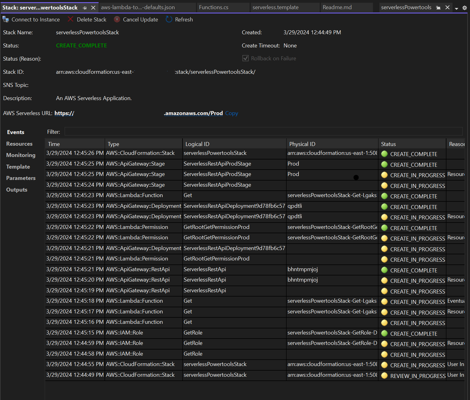 Bild des Fensters mit der Ansicht des Bereitstellungsstapels in Visual Studio.