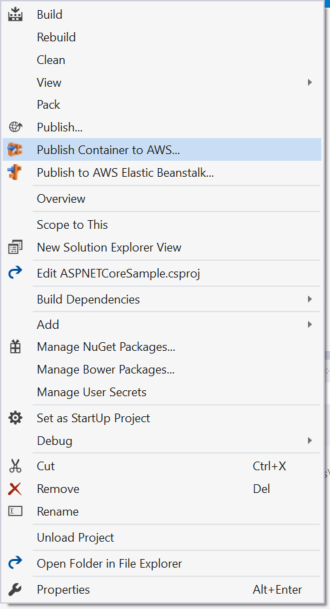 Context menu showing "Publish Container to AWS" option highlighted for deployment.