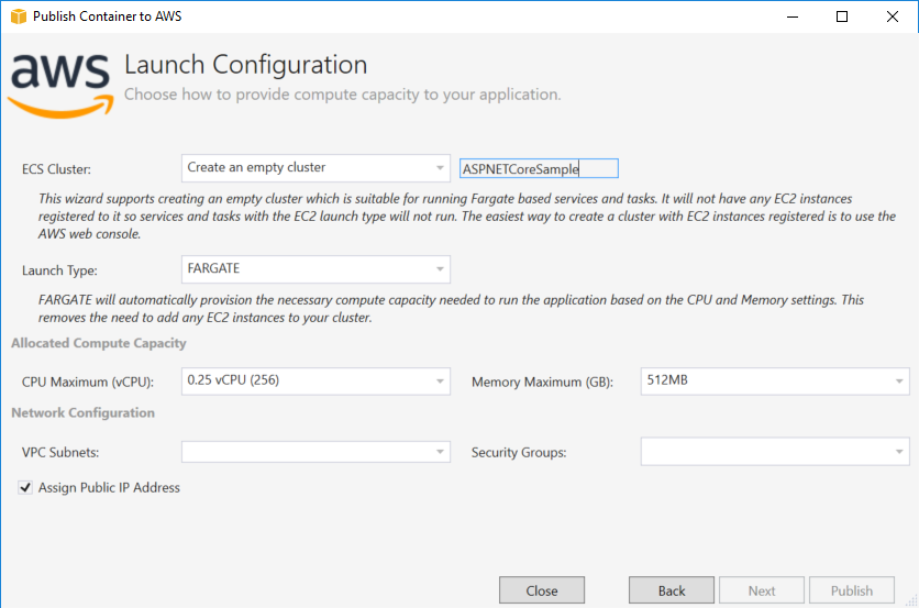 AWS Launch Configuration interface for creating an empty ECS Cluster with FARGATE launch type.