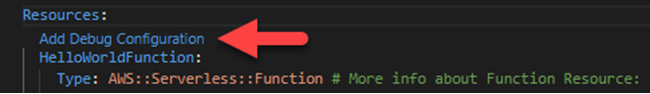 Verwenden Sie den CodeLens Indikator in der template.yaml Datei, um eine Debug-Konfiguration hinzuzufügen.