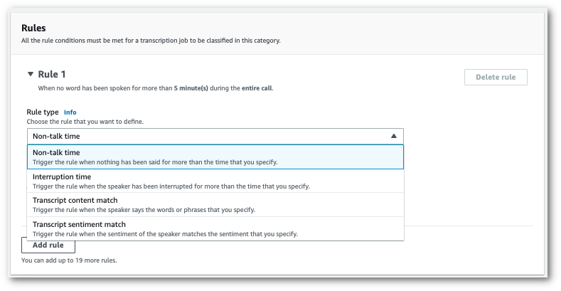 Amazon Transcribe Bildschirmfoto der Konsole: Der Bereich „Regeln“ mit einer Liste von Regeltypen.