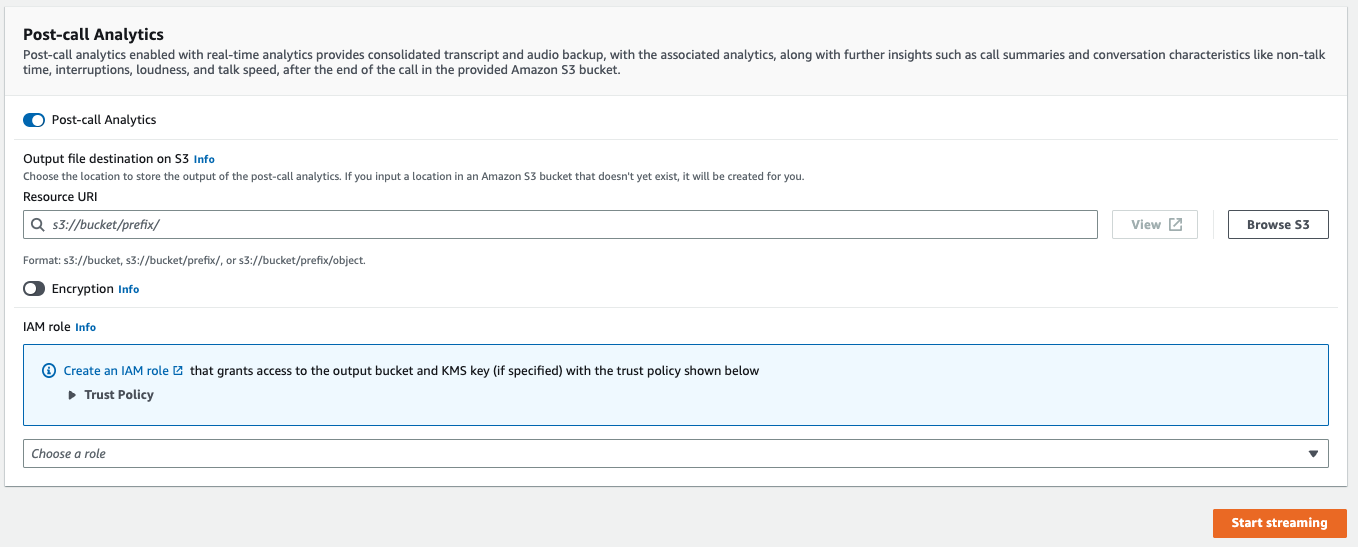 Amazon Transcribe Konsolen-Screenshot: Das erweiterte Bedienfeld für Analysen nach dem Anruf.