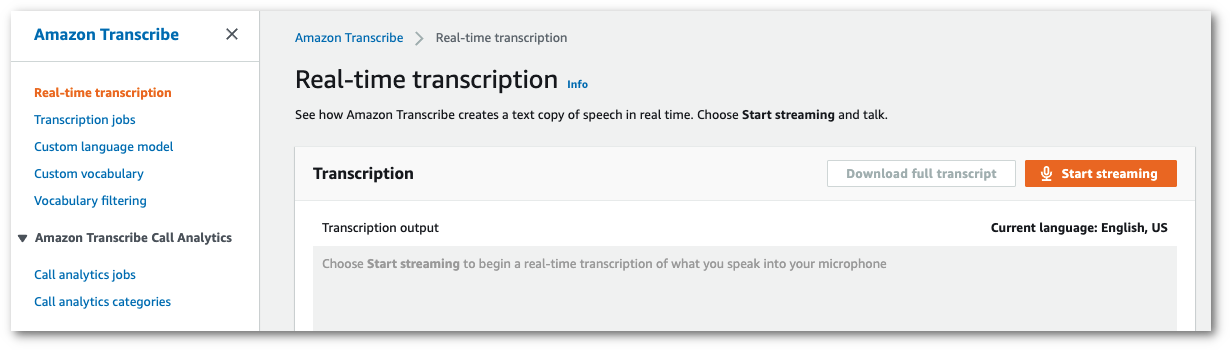 Amazon TranscribeKonsolen-Screenshot: Die Seite „Echtzeit-Transkription“.