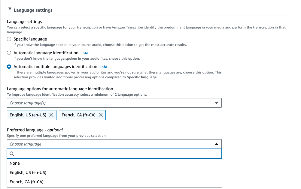 Amazon Transcribe Konsolen-Screenshot: Das Drop-down-Menü zur Auswahl des Sprachcodes.