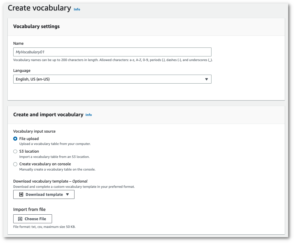 Amazon Transcribe Konsolen-Screenshot: Die Seite „Vokabeln erstellen und importieren“.