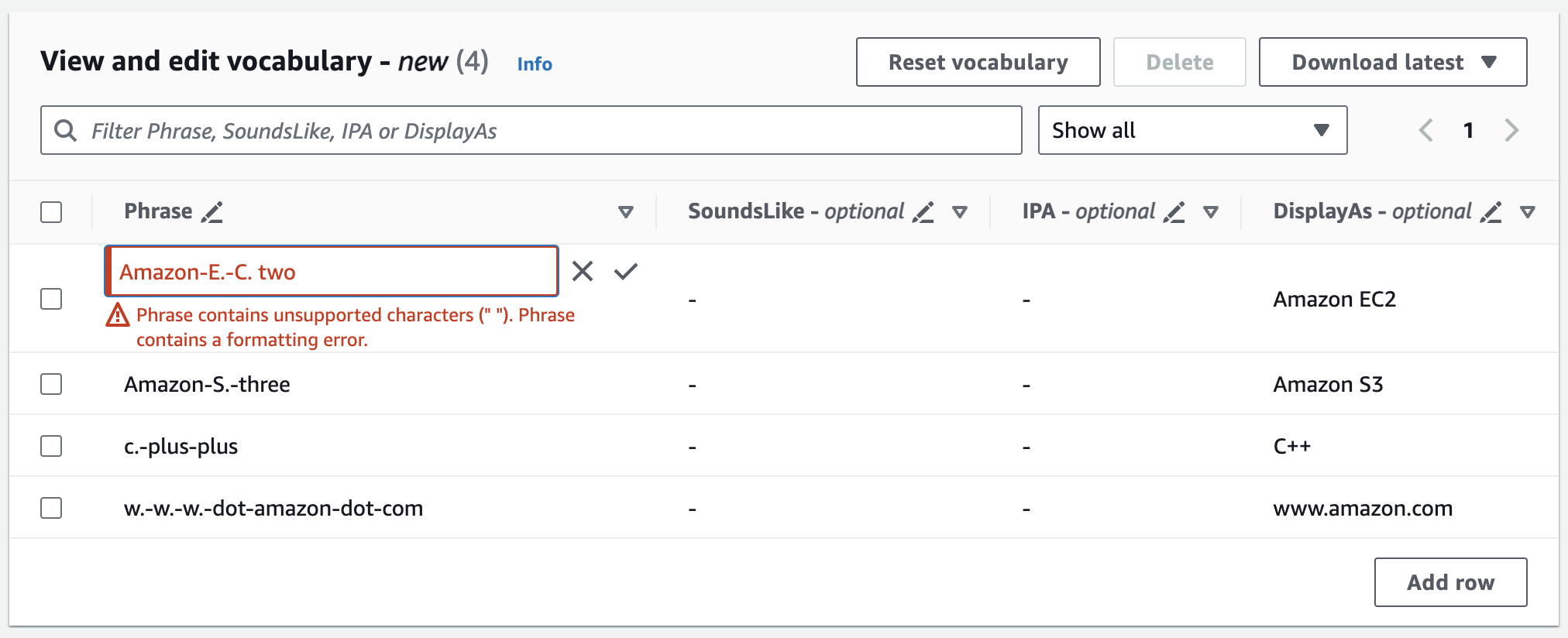 Amazon Transcribe Konsolen-Screenshot: der Bereich „Vokabeln erstellen und bearbeiten“.