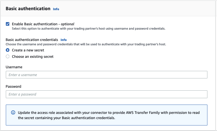 Die Seite „Connector erstellen“ in der AWS Transfer Family Konsole, auf der der Abschnitt Standardauthentifizierung angezeigt wird, wobei die Option Neues Geheimnis erstellen ausgewählt ist.