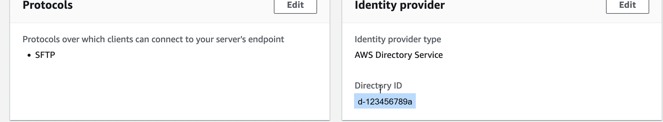 Ein Teil des Detailbildschirms mit den Transfer Family Family-Servern, der ein Beispiel für eine Verzeichnis-ID für den Identity Provider zeigt.