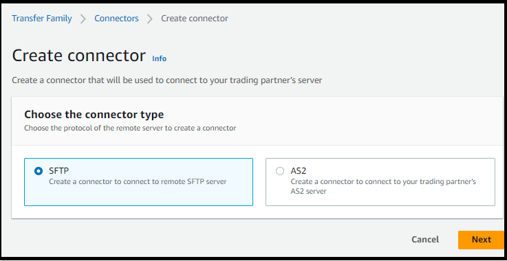 In der Transfer Family Family-Konsole wird die Seite „Connector erstellen“ angezeigt, auf der Sie den Connector-Typ auswählen können. SFTPist ausgewählt.