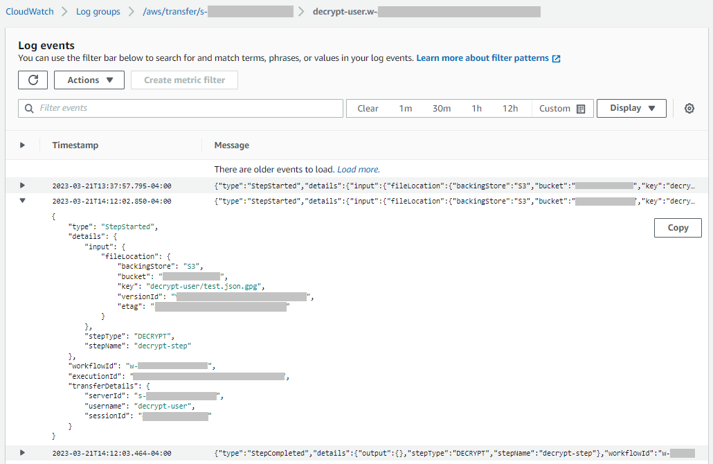 Ein Beispiel für einen Logging-Bildschirm, der Einträge für einen Workflow-Durchlauf anzeigt, wobei der Protokolleintrag erweitert istStepStarted.