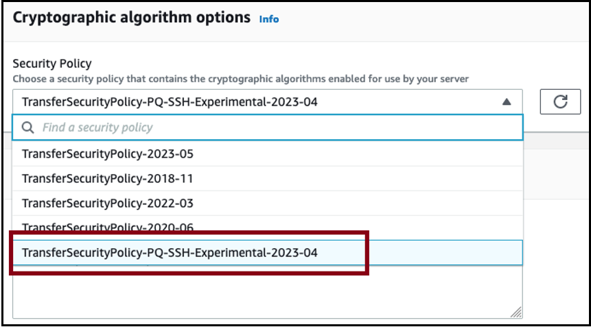 Zeigt die Post-Quantum-Richtlinie an, die für die Optionen für den kryptografischen Algorithmus ausgewählt wurde.