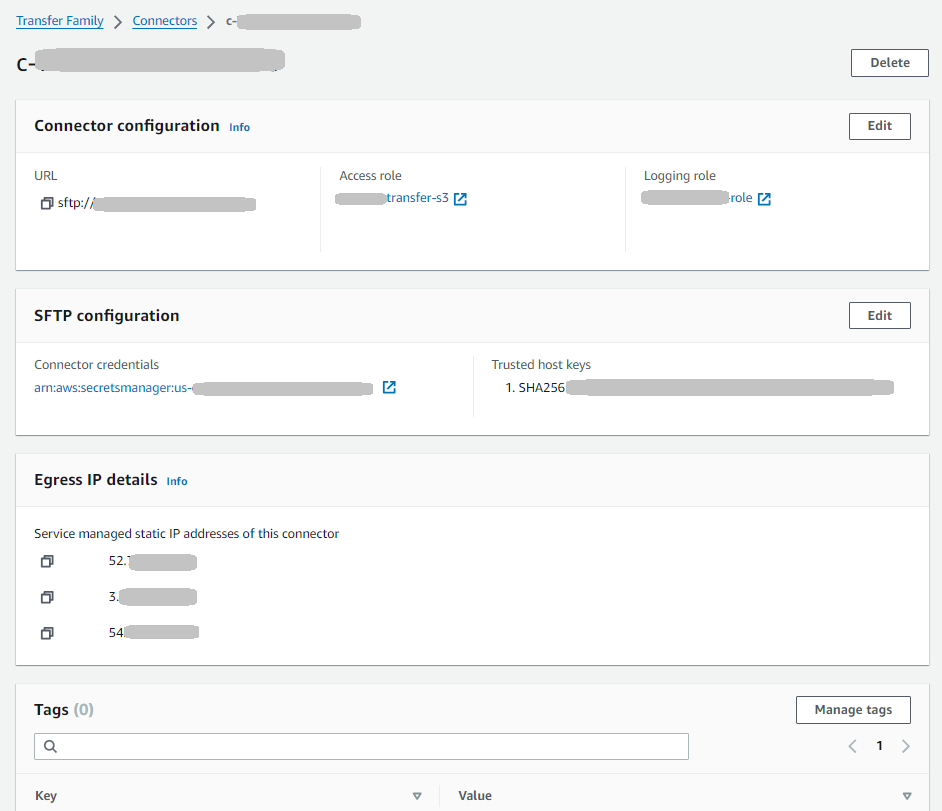 Die Seite mit den Connector-Details in der Transfer Family Family-Konsole, auf der die URL Zugriffsrolle und die Protokollierungsrolle für den ausgewählten Connector angezeigt werden.