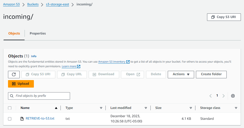 Der Amazon S3 S3-Bucket mit der neu übertragenen Datei.