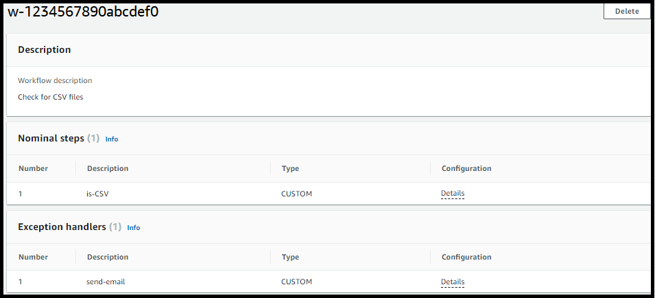 AWS Transfer Family Konsole, die einen Beispiel-Workflow mit einem nominalen Schritt und einem Schritt zur Ausnahmebehandlung zeigt.