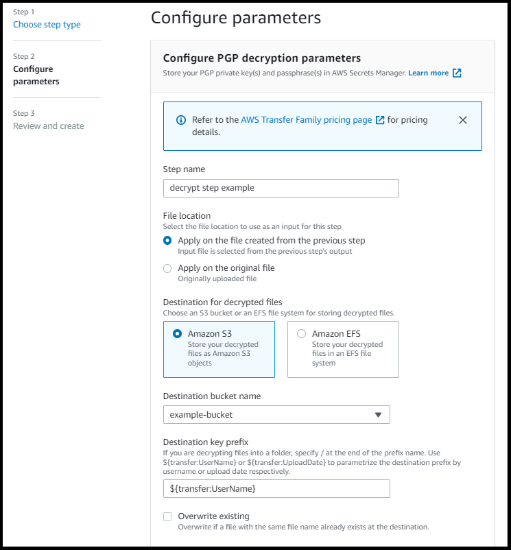 Die AWS Transfer Family Konsole zeigt den Abschnitt PGPEntschlüsselungsparameter konfigurieren mit Beispielwerten.